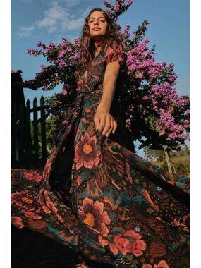 FARM Rio Black River Creatures Maxi Dress Deep V Tassel Boho
